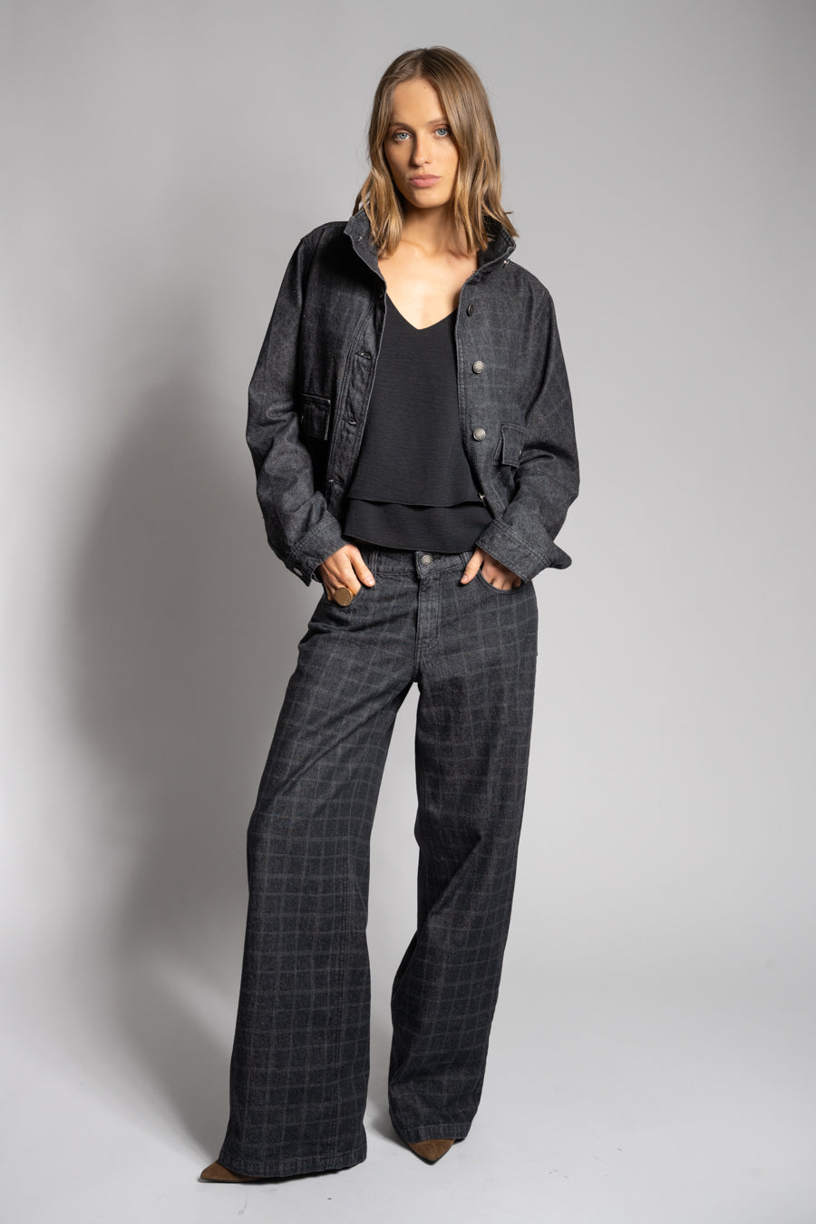 JEANS WIDE LEG JOSEFA CHECKS TIRO BAJO marengo