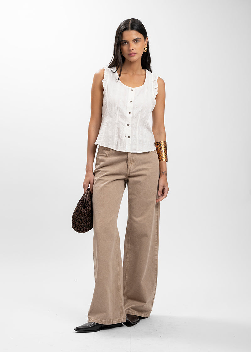 JEANS WIDE LEG TIRO ALTO JOSEFA beige