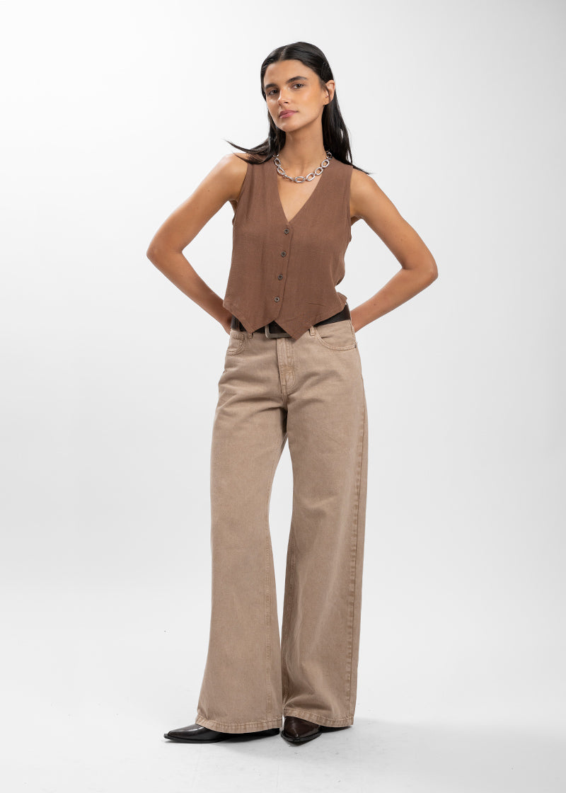 JEANS WIDE LEG TIRO ALTO JOSEFA beige