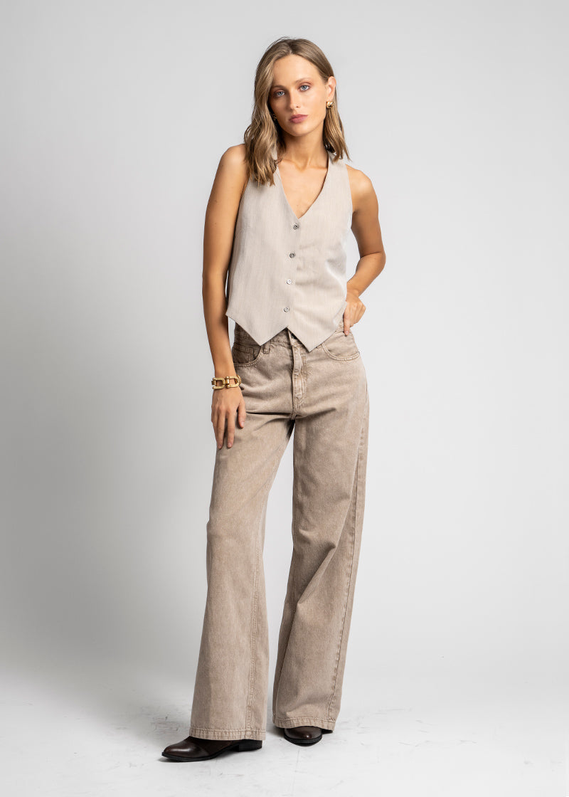 JEANS WIDE LEG TIRO ALTO JOSEFA beige