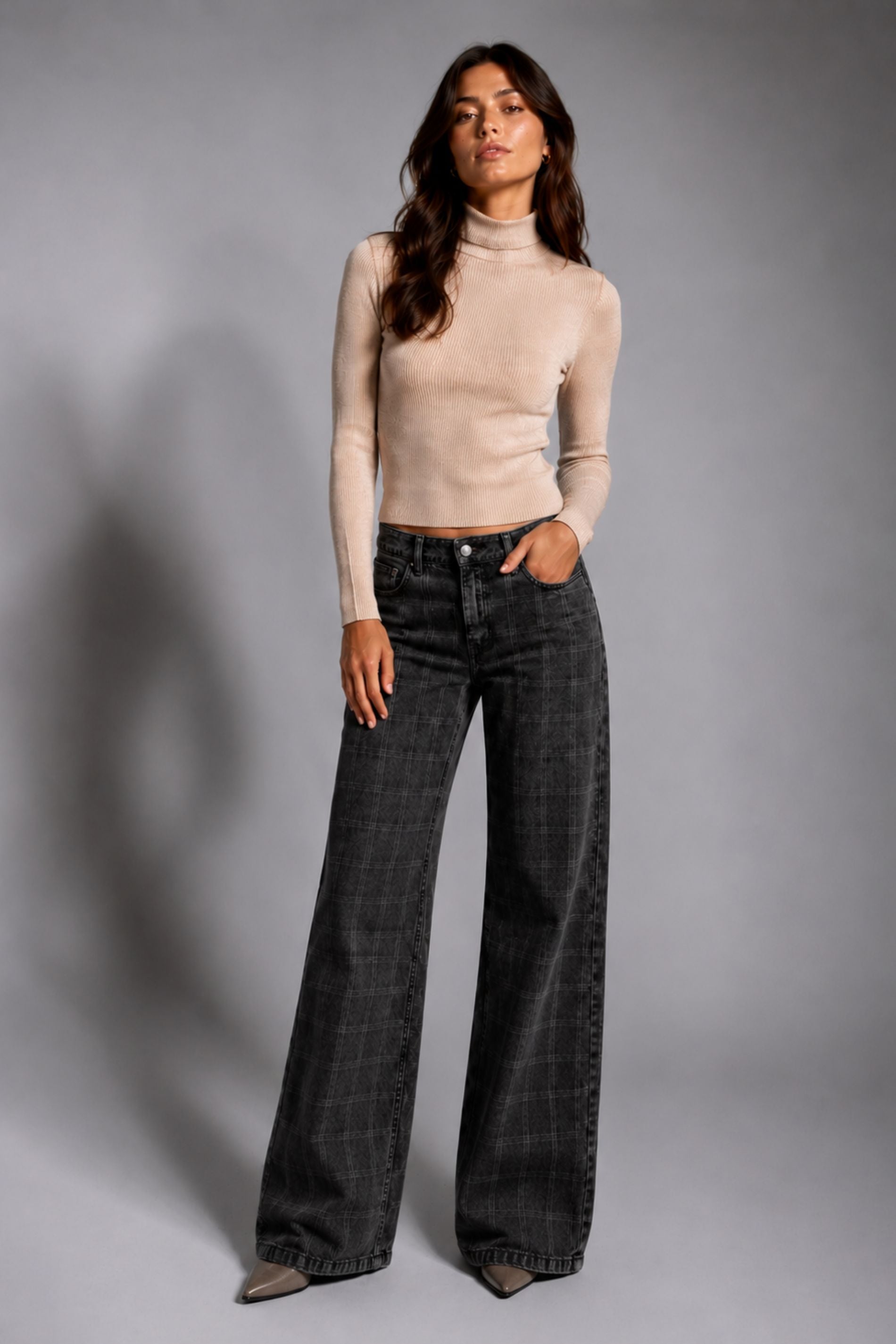 JEANS WIDE LEG CHECKS TIRO BAJO marengo