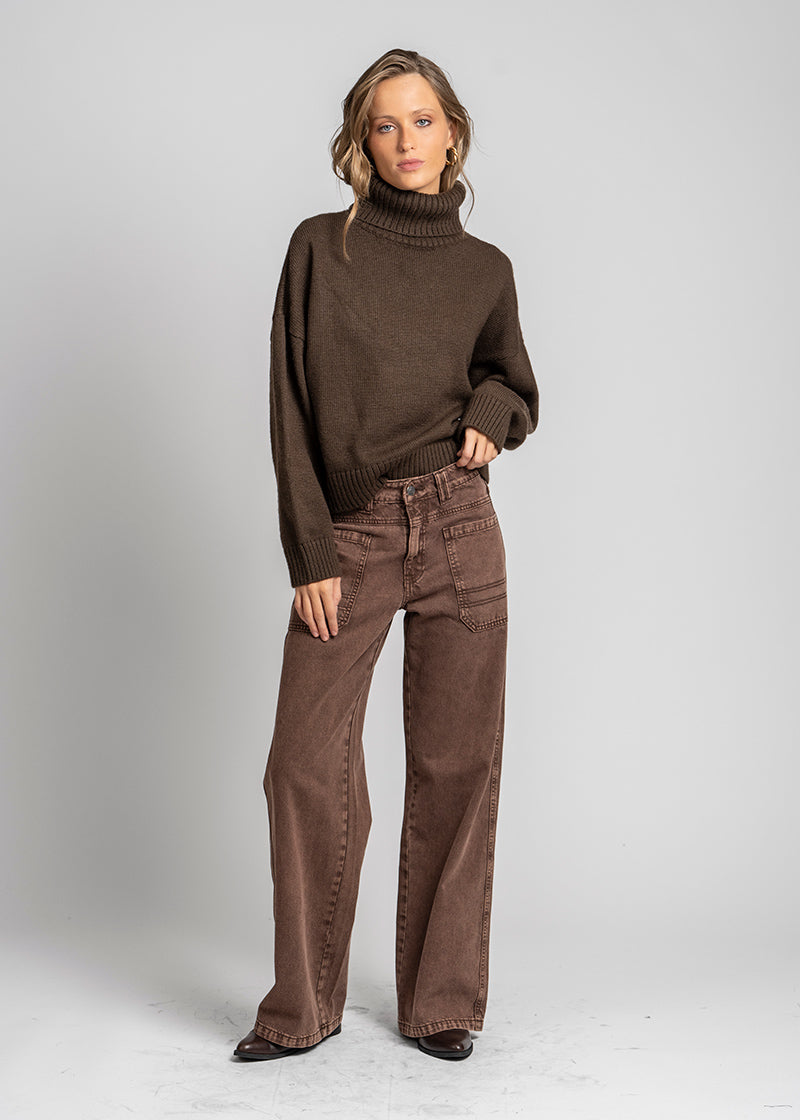 JEANS WIDE LEG TIRO ALTO TALI café