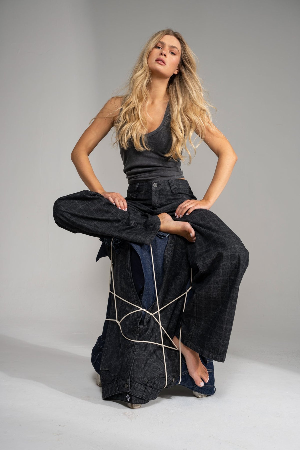 JEANS MUJER WIDE LEG  TIRO BAJO JOSEFA CHECKS marengo