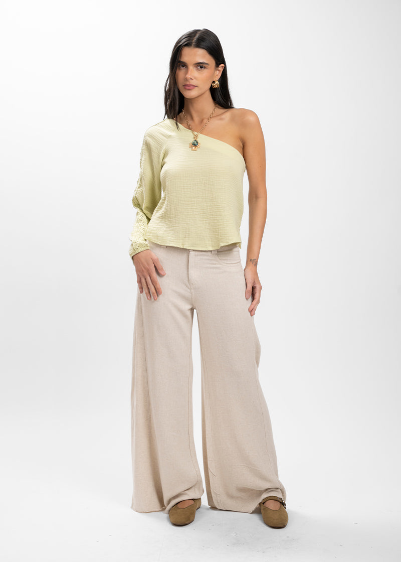 PANTALÓN ANNA TA Lino Tiro Alto arena