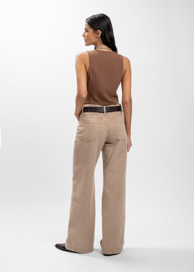 JEANS WIDE LEG TIRO ALTO JOSEFA beige