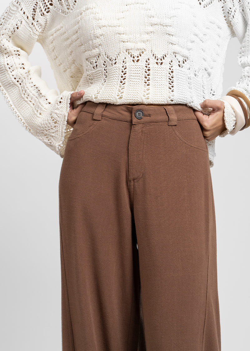 PANTALÓN ANNA TA Lino Tiro Alto café